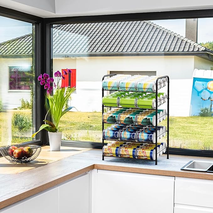 Vrisa 5 Tier Can Organizer for Pantry Can Holders 60 Cans Rack Canned Goods Organizer for Pantry Shelf Stackable Food Organizer Soda Vegetable Can Dispenser for Kitchen Cabinet, Black