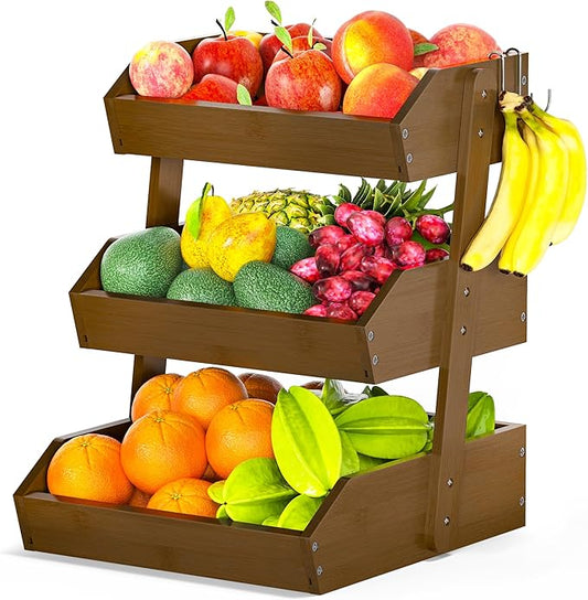 Bamboo Fruit Basket for Kitchen–3 Tier Fruit Bowl For Kitchen Counter, Large Fruit Holder With 2 Banana Hangers, Idea For Fruit and Vegetable Storage, Bread Basket, Snack Organizer(WALNUT)