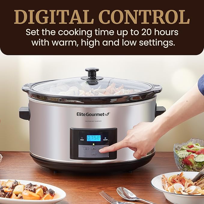 Elite Gourmet MST-900D 8.5Qt Digital Programmable XL Jumbo Slow Cooker, Adjustable Temp, Entrees, Sauces, Stews & Dips, Dishwasher Safe Glass Lid & Crock, Stainless Steel