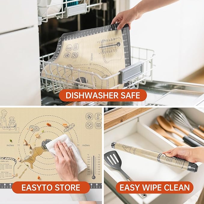 Silicone Baking Mat with 10 Quick Recipes, Extra Thick Silicone Mats for Baking, Non Stick Pastry Mat,Reusable kneading Dough Rolling Mat for Cookie, Macaron, Bread, Pizza-Tutorial Video Included