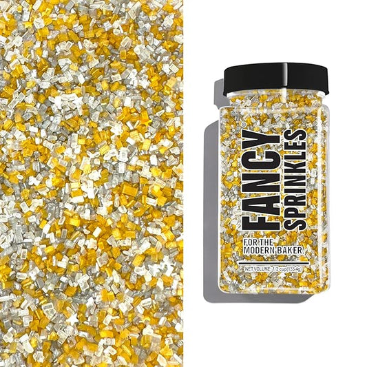 Fancy Sprinkles Filthy Rich Fancy Sugar Silver and Gold Pearlescent Sugar Crystals Flecked with Mini Edible Glitter Stars (4 OZ)