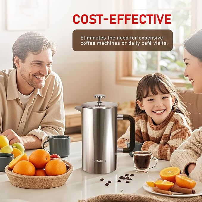 1L/34 Oz French Press Coffee Maker,304 Stainless Steel Coffee Press,Durable & Easy Clean,Leak-Proof Design,Prensa Francesa Para Cafe for Home,Office,Camping