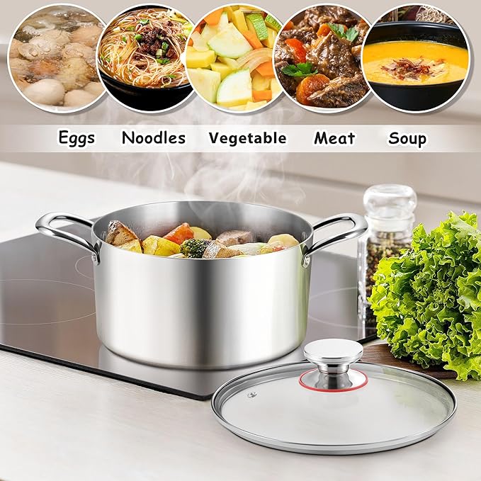 E-far 4 Quart Stock Pot, Tri-Ply Stainless Steel Cooking Pot with Glass Lid and Riveted Handles, Metal Pasta Soup Pot for Induction Ceramic Electric Gas Stoves, Heavy Duty & Dishwasher Safe