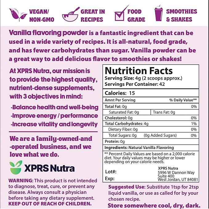 XPRS Nutra Vanilla Flavoring Powder - Fresh Vanilla Powder - Premium Vanilla Powder for Baking Pure Vanilla Bean Powder Flavoring - Make Vanilla Sugar for Baking Vanilla Powder for Coffee (6 Ounce)