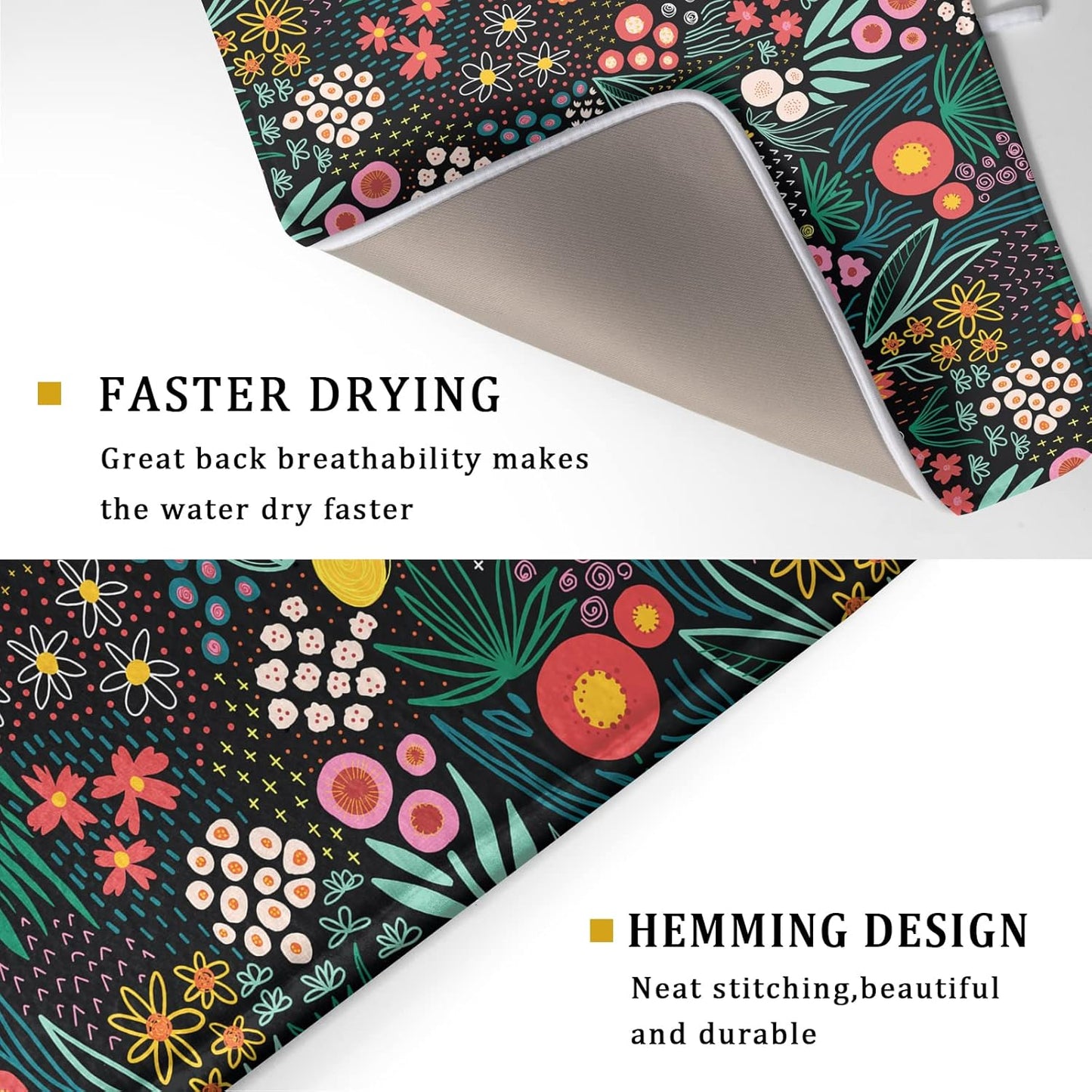 Giwawa Colorful Flowers Dish Drying Mats for Kitchen Counter 18 X 24 Inch Spring Floral Microfiber Dish Mat, Reversible Dish Drainer Mats Countertops Protector Pad