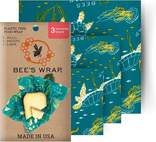 Bee's Wrap Beeswax Wraps for Food - Ocean 3 Pack (S, M, L) Made in USA Reusable & Organic Food Wraps, Sandwich Wrap & Bowl Covers - Eco-Friendly Alternative to Aluminum Foil & Plastic Wrap