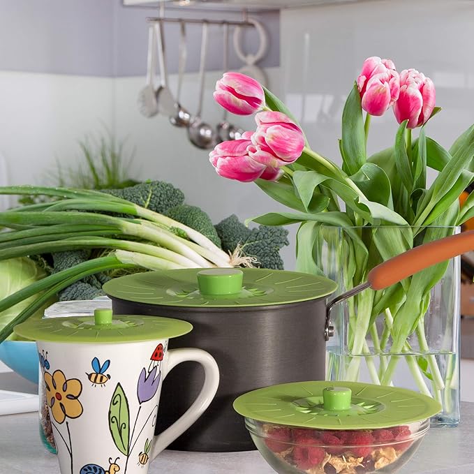 Silicone Bowl Lids Green Set of 5 Reusable Suction Seal Covers for Bowls, Pots, Cups. Food Safe. Natural grip, interlocking handles for easy use and storage.