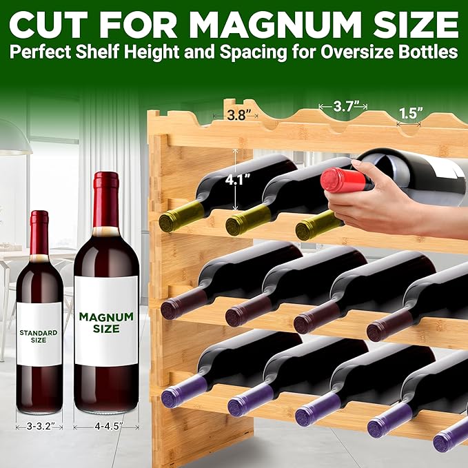 4 - Tier 24 Bottle Bamboo Stackable Wine Rack - Wobble-Free Modular Liquor Display Shelves, Compatible for Magnum Size Bottles | Can Hold up to 220.5 lbs (Natural)