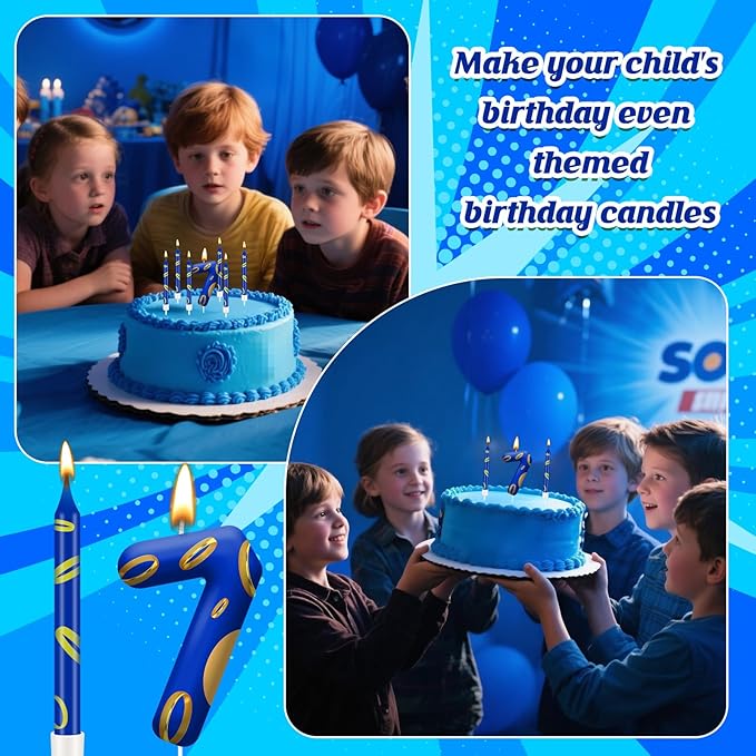 13PCS Birthday Cake Candles Set - Blue and Golden Ring Number Candles with Vibrant Designs for Boys & Girls, Theme Birthday Party Decorations, Cake Toppers for Theme Parties(Number 7)