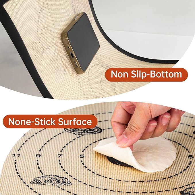 Silicone Baking Mat with 10 Recipes, Extra Thick Silicone Mats for Baking, Non Stick Pastry Mat,Reusable kneading Dough Rolling Mat for Cookie, Macaron, Bread, Pizza