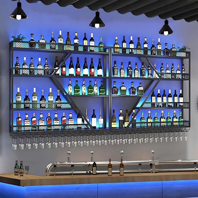 94.48in Metal Wine Rack Wall Mounted, Modern Wine Storage Rack Wall Mounted with Wine Glass Holder, Liquor Shelf, Bar Shelves for Liquor Bottles (4 Tiers Black, 94.48 * 7.87 * 33.85INCH)