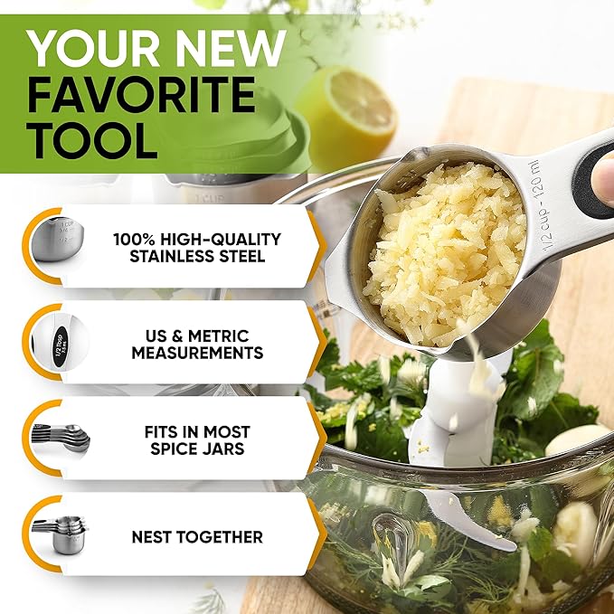 Spring Chef Magnetic Measuring Cups & Spoons Set (Patent Pending), Strong N45 Magnets, Heavy Duty Stainless Steel Fits in Spice Jars for Baking & Cooking, BPA Free, Round Set of 9, Black