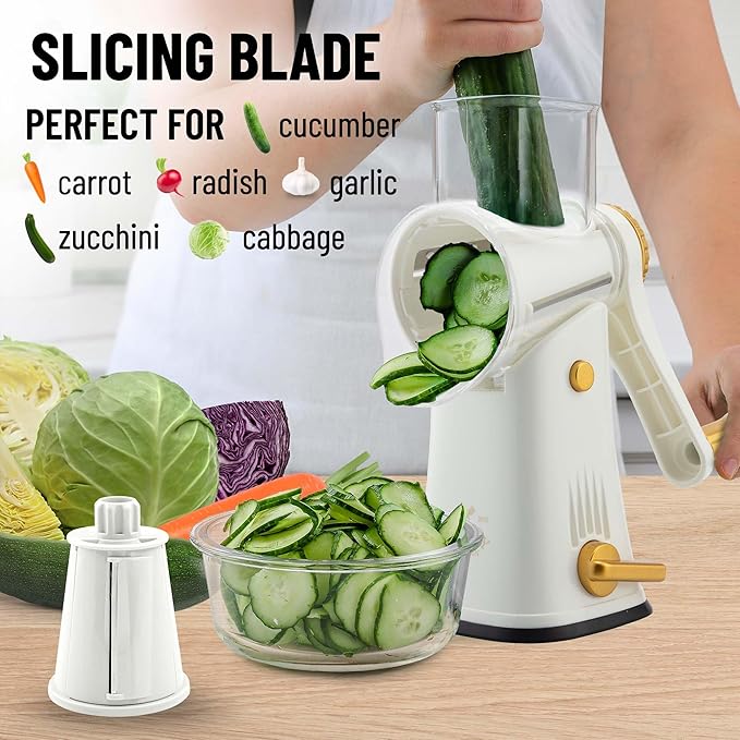 Zulay Kitchen Rotary Cheese Grater 5 Blade Cheese Shredder - Manual Hand Crank Cheese Grater With Reinforced Suction & 5 Interchangeable Drums - Easy to Use, Vegetable Chopper Round Mandoline Slicer