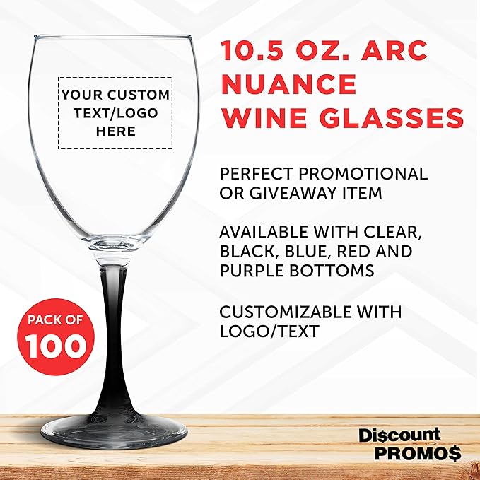 Custom Nuance Wine Glasses by ARC 10.5 oz. Set of 100, Personalized Bulk Pack - Restaurant Glassware, Perfect for Red Wine, White Wine, Cocktails - Black