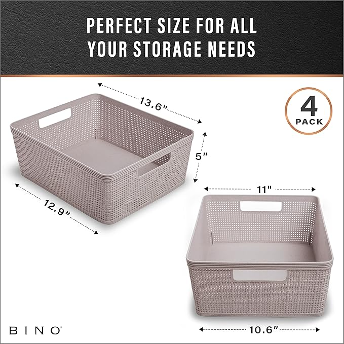 BINO | Woven Plastic Basket | Small (Natural Grey), 4-Pack | THE JUTE COLLECTION | Home Organization, Space - Saving Storage, Stylish Design | Jute Basket | Plastic Storage Basket
