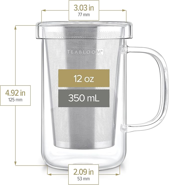 Teabloom Premium Borosilicate Glass Mug with Stainless Steel Loose Leaf Tea Infuser and Lid/Dish - 12 Ounces (350 mL)
