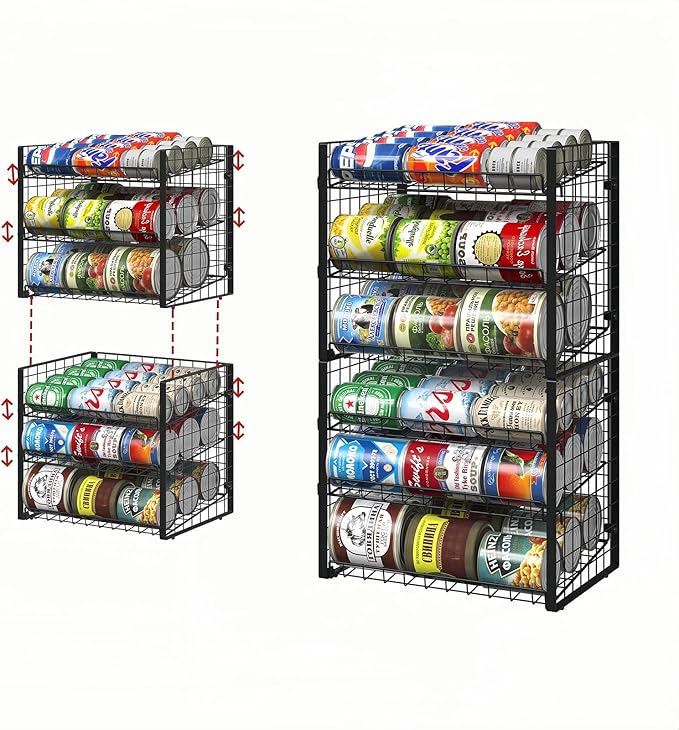 3 Tier Stackable Can Rack Organizer for Pantry, Adjustable Can Holder for Various Ounce of Canned Food Soup Goods Soda Drink, Rolling Tiered Can Dispenser for Kitchen Cupboard Cabinet, 2 Pack