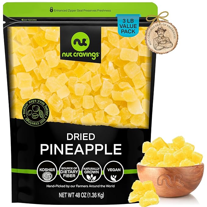 NUT CRAVINGS - Sun Dried Pineapple Chunks, Lightly Sweetened (48oz, 3 LB) Bulk Dry Fruits Packed Fresh in Resealable Bag - Sweet Healthy Snack, Naturally Grown, Vegan, Kosher