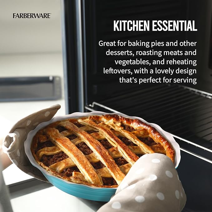 Farberware Bakers Advantage Durable Stoneware Ceramic Pie Dish, Ideal for Making Sweet and Savory Dishes, Heat Resistant, 10 Inch, Teal