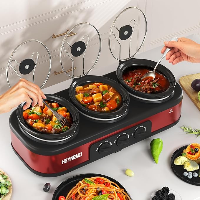 Triple Slow Cooker, 3 X 1.5QT Slow Cooker with 3 Cooking Settings, Buffet Servers and Warmers with Dishwasher-Safe Ceramic Pot, Glass Lid, Red