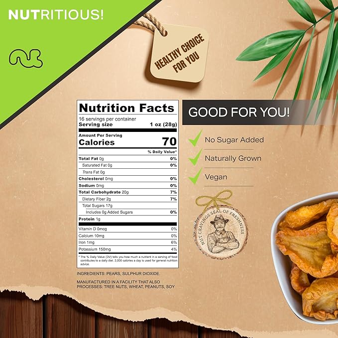 NUT CRAVINGS - Sun Dried California Pears, No Sugar Added (16oz, 1 LB) Bulk Dry Fruits Packed Fresh in Resealable Bag - Sweet Healthy Snack, Naturally Grown, Vegan, Kosher