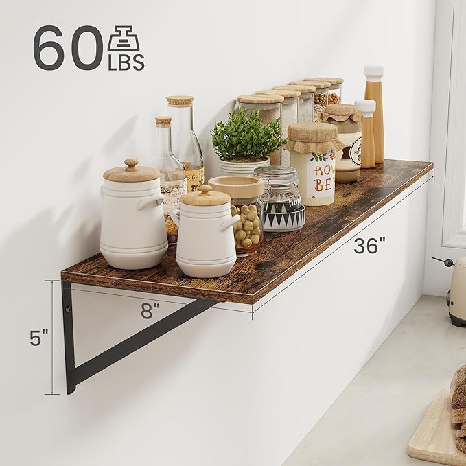 Heimlove Deep Floating Shelves for Wall, 36W x 8D Wood Wall Shelves Set of 2, Wide Floating Bookshelf for Living Room, Kitchen, Office, Bedroom and Decor Storage, with Metal Bracket - Rustic Brown