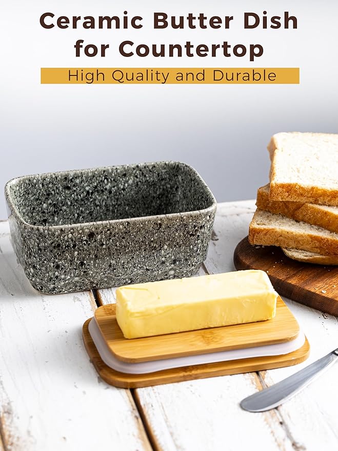 Ceramic Butter Dish with Lid, Covered Butter Dish for Countertop and Refrigerator, Large Butter Keeper Holder with Airtight Seal, HoneyBee Kitchen Decor, Gray