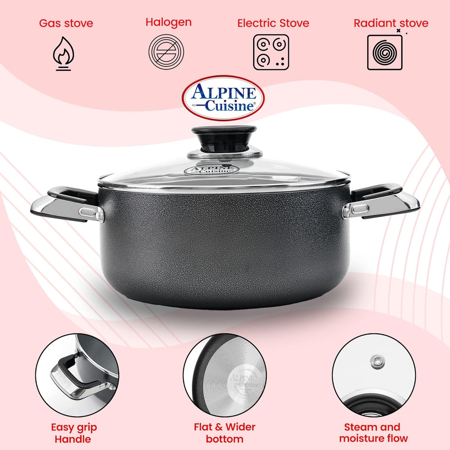 Alpine Cuisine 3 Quart Non-stick Stock Pot with Tempered Glass Lid and Carrying Handles, Multi-Purpose Cookware Aluminum Dutch Oven for Braising, Boiling, Stewing