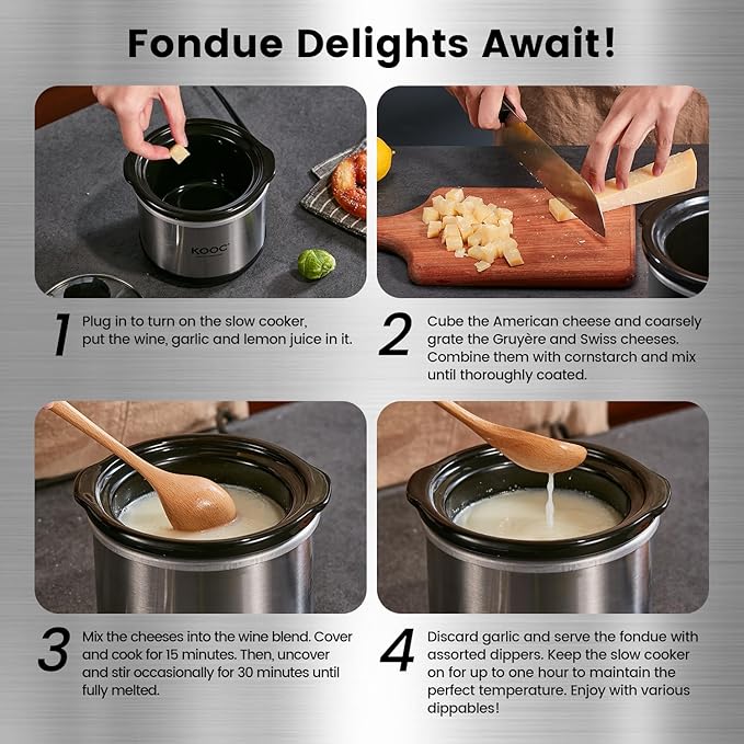 KOOC Small Slow Cooker, 0.65-Quart, Free Liners Included for Easy Clean-up, Upgraded Ceramic Pot, Nutrient Loss Reduction, Stainless Steel, Silver, Round