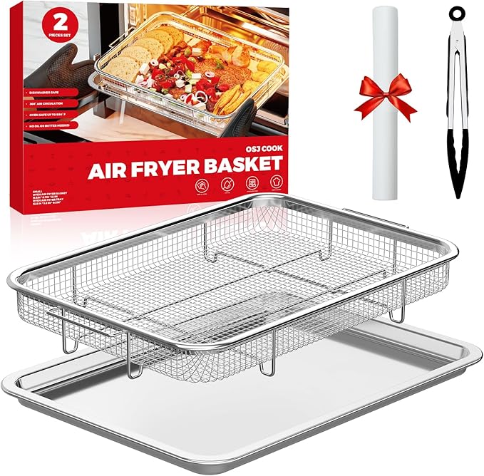 Air Fryer Basket for Oven, Air Fryer Basket and Stainless Steel Baking Tray Pant Oven Air Fryer Pan Rack for Cooking Baking Dishwasher and Broiling (13.1" * 8.8" & 12.8" * 9.6")