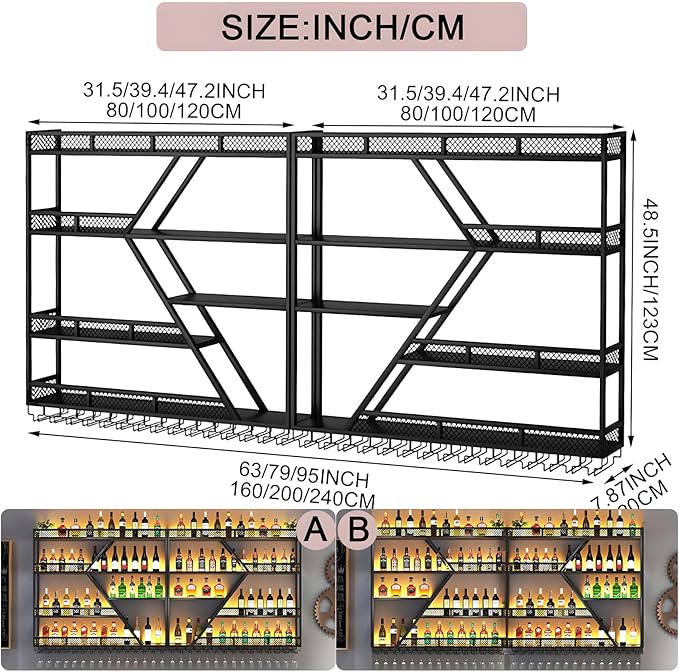 94.48in Metal Wine Rack Wall Mounted, Modern Wine Storage Rack Wall Mounted with Wine Glass Holder, Liquor Shelf, Bar Shelves for Liquor Bottles (4 Tiers Black, 94.48 * 7.87 * 33.85INCH)