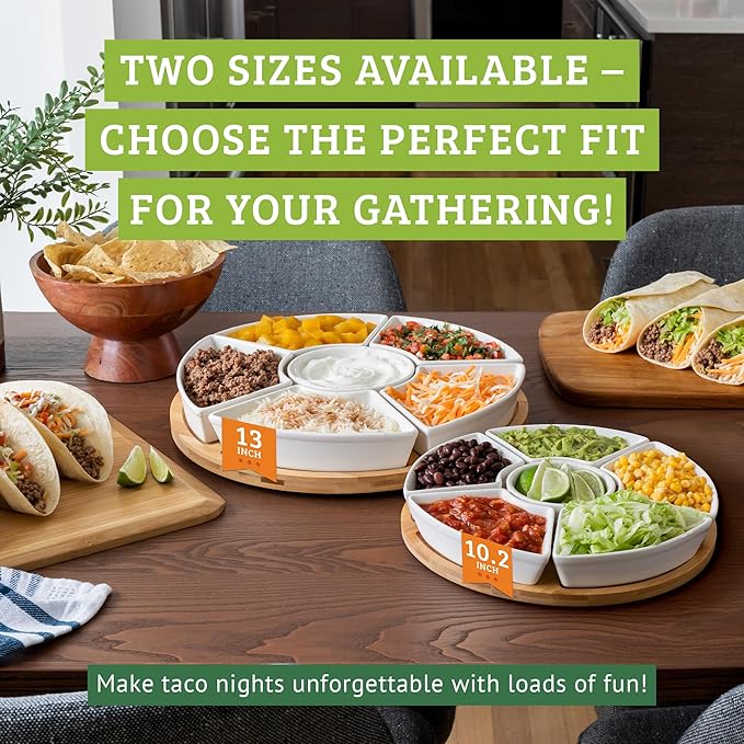 Ceramic Taco Serving Platter - Divided Serving Tray for Taco Tuesday Lazy Susan Taco Bar - Chip and Dip Serving Set for Party - Appetizer Serving Tray for Salsa, Snacks (10 in)