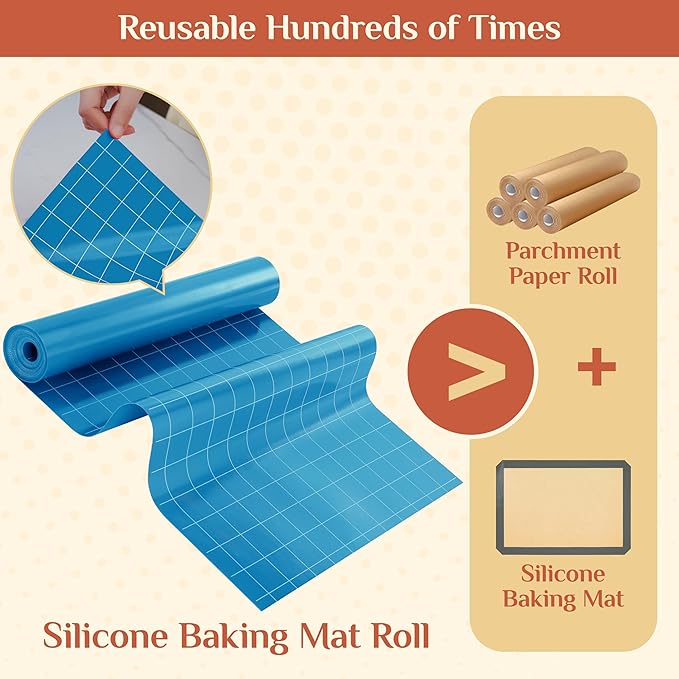 Silicone Baking Mat, 12 IN x 10 FT Free Cutting Baking Sheet, Non-Stick Reusable Dough & Pastry Mat, Non-Slip Silicone Mat Roll for Air Fryer Liner, Freeze Dryer, Oven Baking Pan, Kitchen Counter