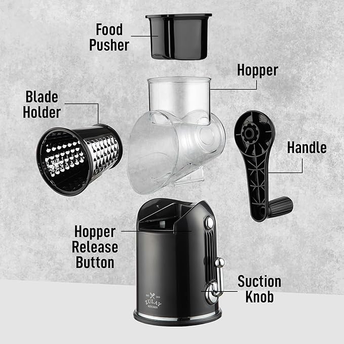 Zulay Kitchen Rotary Cheese Grater 5 Blade Cheese Shredder - Manual Hand Crank Cheese Grater With Reinforced Suction & 5 Interchangeable Drums - Easy to Use, Vegetable Chopper Round Mandoline Slicer