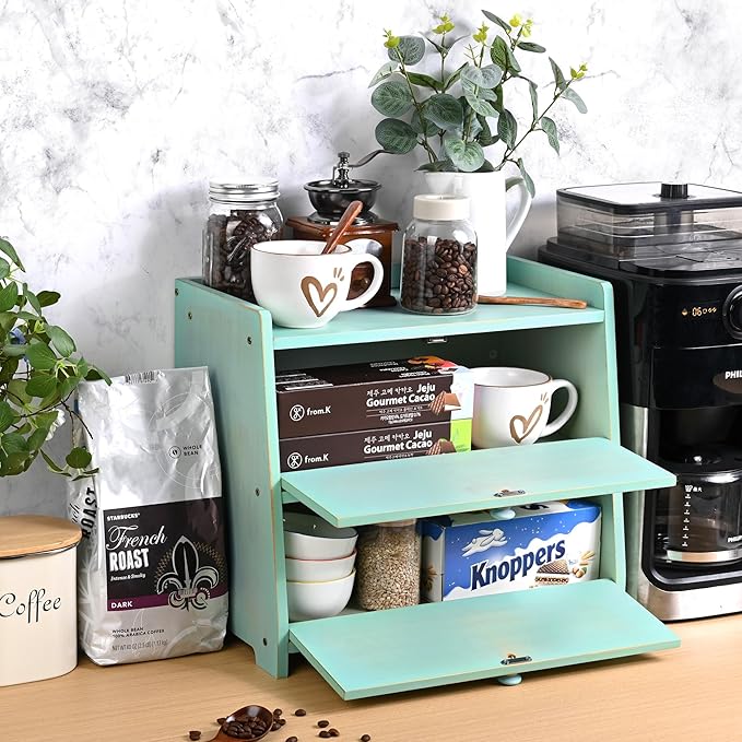 Vintage Double Layer Bread Box for Kitchen Countertop, Bamboo Bread Storage Container, Breadbox for Homemade Bread, Large Capacity Bread Bin(Green)