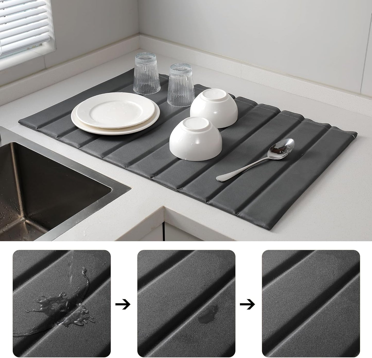 Stone Drying Mat for Kitchen Counter, Large Collapsible Diatomaceous Earth Supe Absorbent Quick Dry Stone Mat Kitchen，PU Leather Surface Removable and washable (Dark Gray, 23.6”x15.4”)