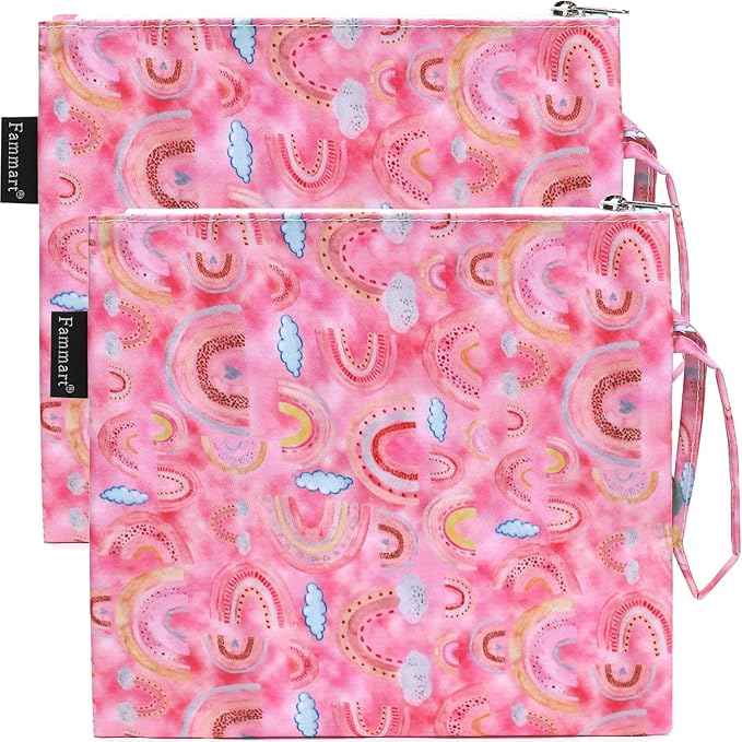 Reusable Sandwich Bag/Snack Bag for Kids & Adults, Dual Layer Lunch Bag with Handle, Washable, Food Safe, BPA Free (2-Pack, Rainbow)