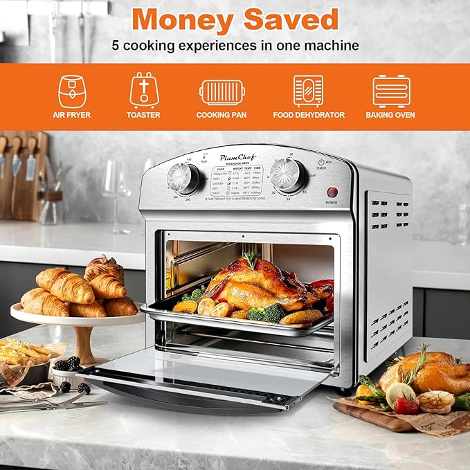 PlumChef 13 Quart 4 Slices Air Fryer Convection Toaster Oven with Reference Menu, 1500W,Multifunction with Roast, Bake, Grill, Broil, Silver