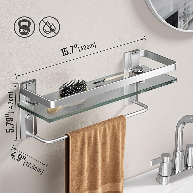 Danpoo Bathroom Wall Shelf with Towel Bar, Clear Tempered Glass, Hand Towel Holder (Matte Silver)