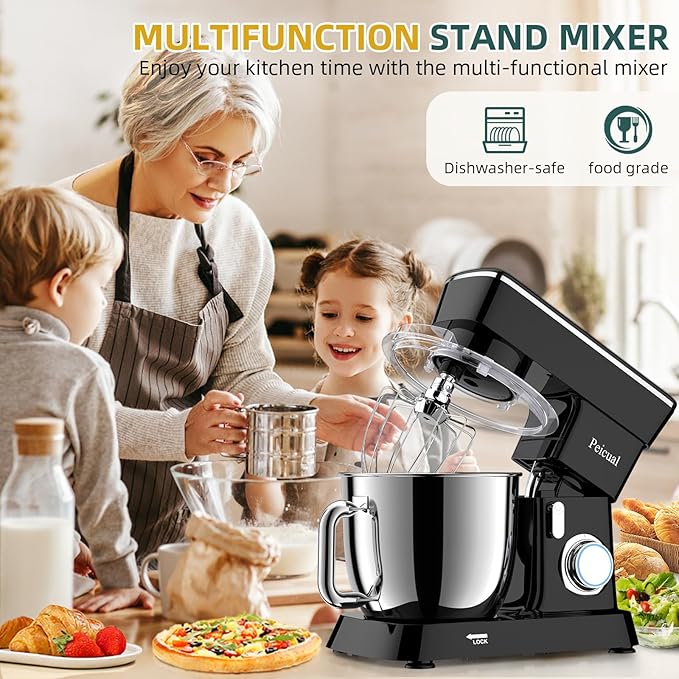 Stand Mixer, 6QT 10+P Speed Tilt-Head Kitchen Electric Mixer, Food Mixer with Stainless Steel Bowl, Dough Hook, Flat Beater, Wire Whisk, Splash Guard for Daily Use - Black