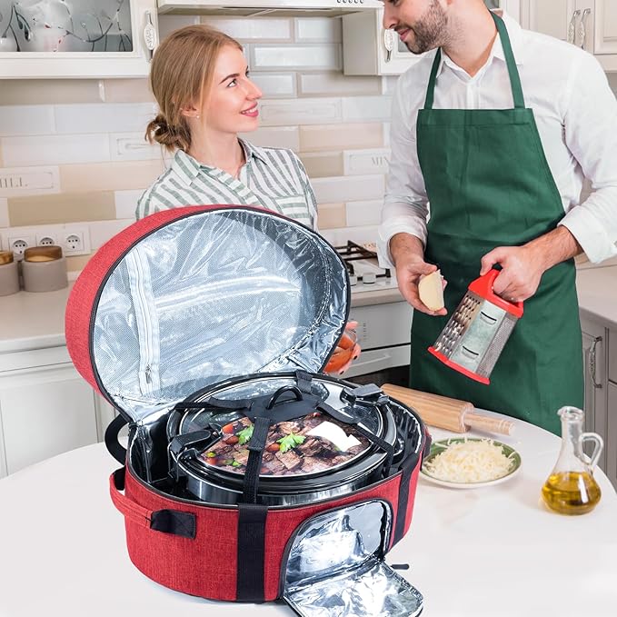 Insulated Slow Cooker Carrying Bag for 6-8 Quart CrockPot and Hamilton Beach Slow Cooker with See-thought Window, Portable Carrier Case with Adjustable Band and Accessory Pocket