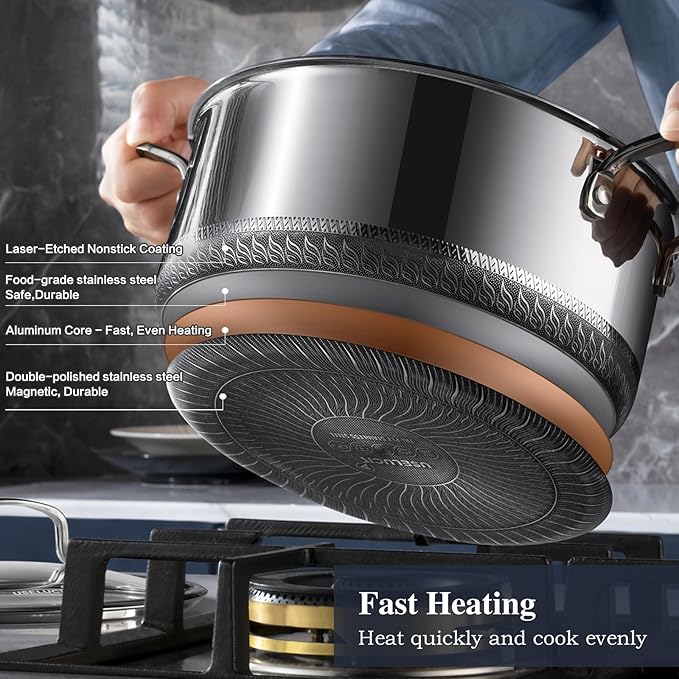 Hybrid Nonstick 6-Piece Pot Set with 2 Silicone Trivets, 1.5 QT Saucepan, 2 and 5.2 QT Stock Pot with Glass Lids, Stay-Cool Handles, Dishwasher-Friendly, Induction-Ready, Compatible All Cooktops