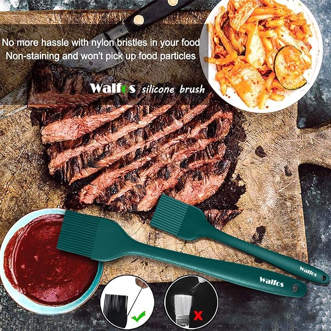 Walfos Silicone Basting Pastry Brush, 2 Size Pastry Brush Set, Perfect for BBQ Grill Kitchen Cooking, BPA Free and Dishwasher Safe, 2 Pcs (Ink Green)