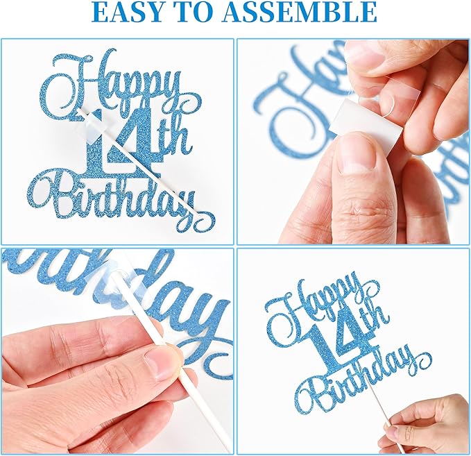 14th Birthday Cake Decorations, 14th Birthday Candles Cake Numeral Candles and Glitter Happy 14th Birthday Cake Toppers Set for Birthday Party Supplies (Blue)