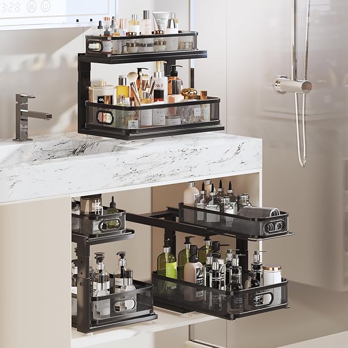 2 Pack 18.5IN-Depth Under Sink Organizer With Next-Gen Ball-Bearing Slides,2-Tier Precision Mesh Pull Out Cabinet Storage for Bathroom&Kitchen,Height Adjustable Drawers Shelf,Anti-rust-Black