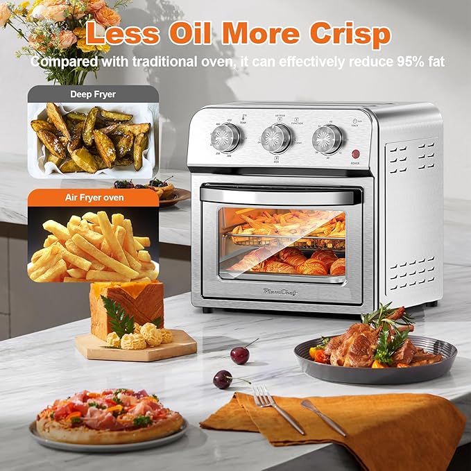 PlumChef 13 Quart 4 Slices Air Fryer Convection Toaster Oven, 1500W, Multifunction Oven for Roast, Bake, Grill, Broil, Toast（stainless steel）