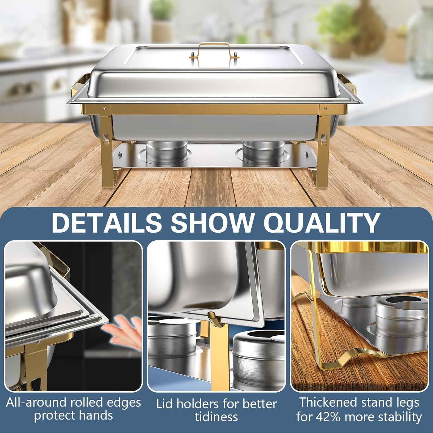 SIOTMERA 9QT Chafing Dishes for Buffet 1 Pack, Thickened Stable Stainless Steel Chafing Dish Buffet Set, Rolled Edge No Finger Cut Food Warmers for Party Catering Events Weddings, Gold and Silver