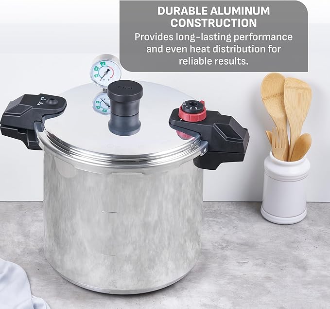 T-fal Pressure Cooker Aluminum Pressure Canner, 22 Quart, 3 PSI Settings, Cookware, Pots and Pans, Large Capacity, Cooling Racks, Recipe Booket, Canning Vegetables, Meats, Poultry, Seafood, Silver