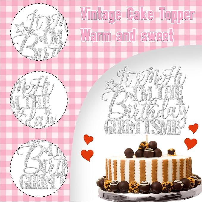 1 PCS It's Me Hi I'm the Birthday Girl It's Me Cake Topper Glitter Music Singer Cake Pick for Funny Hip Hop Singer Girls Birthday Party Cake Decorations Supplies Silver