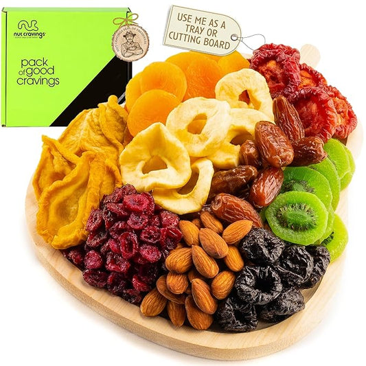 NUT CRAVINGS - Rosh Hashana & Shana Tova Dried Fruit & Mixed Nuts Gift Basket in Wooden Pear-Shaped Tray (9 Assortments) Food Arrangement, Healthy Snack Care Package, Food Assortments
